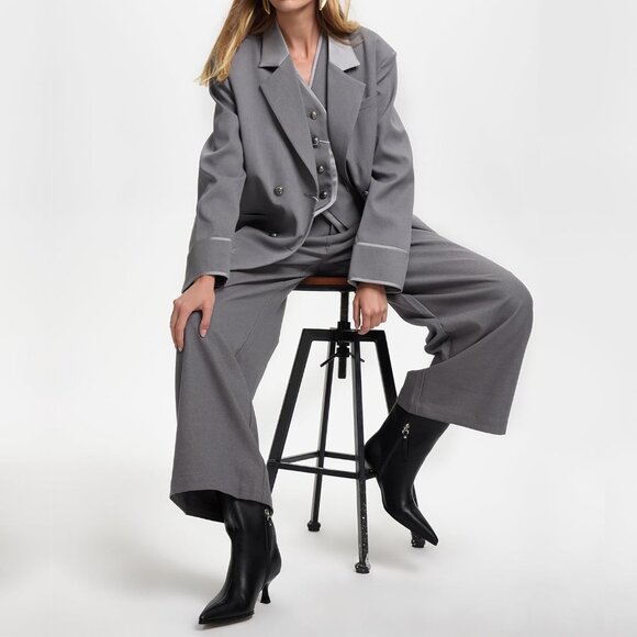 Women Black Kitten Heel Pointed Toe Stiletto Faux Leather Mid Calf Ankle Booties - Picture 2 of 7